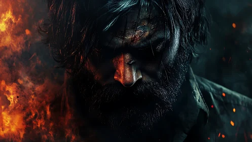 Brooding bearded man framed by fire and darkness.