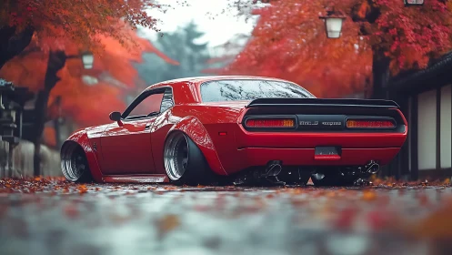 Widebody red muscle car under autumn maple canopy street.
