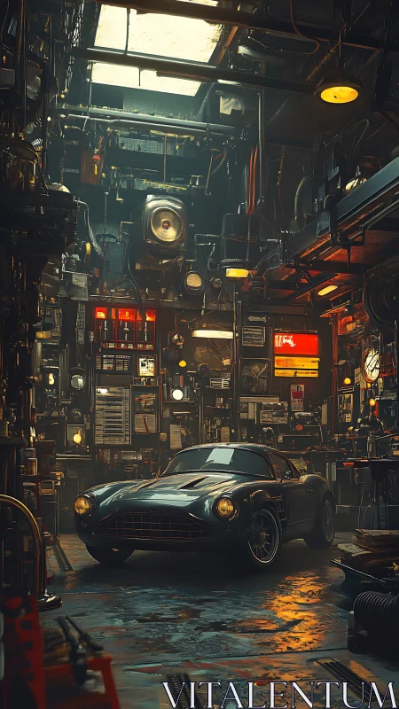 Midnight classic coupe in neon-lit cyberpunk workshop.