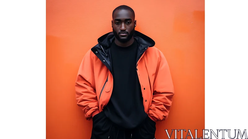 Portrait of man in orange technical parka against flat wall