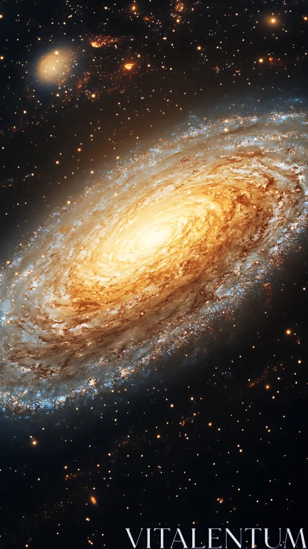 Spiral galaxy glows with dense golden core and starfield