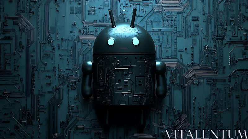 Android-style robot merged with dense teal circuit substrate.