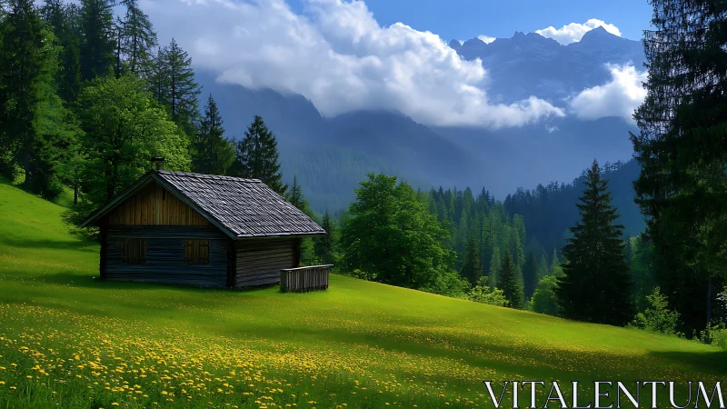 Wood cabin on alpine meadow below clouded mountain peaks.