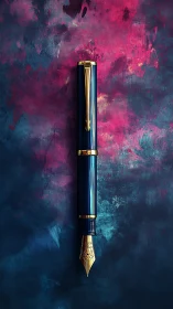 Blue fountain pen centered on textured pink blue backdrop.