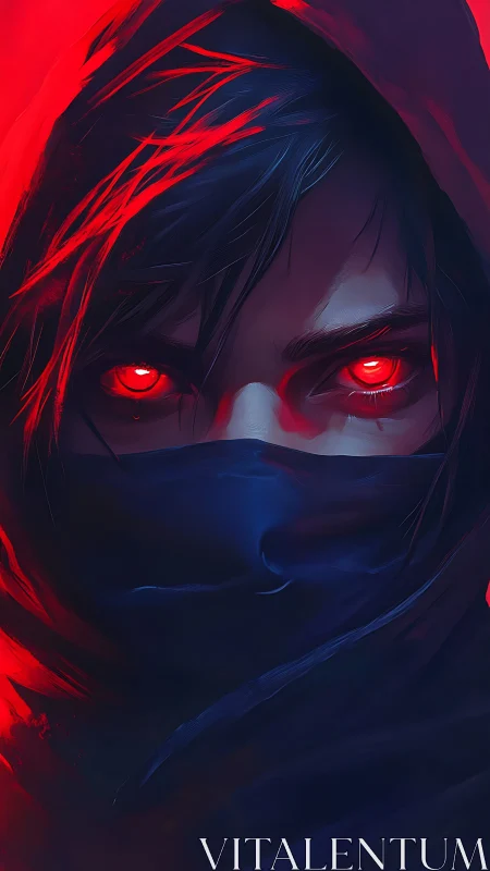 Mysterious red eyed rogue wrapped in shadowed neon glow.