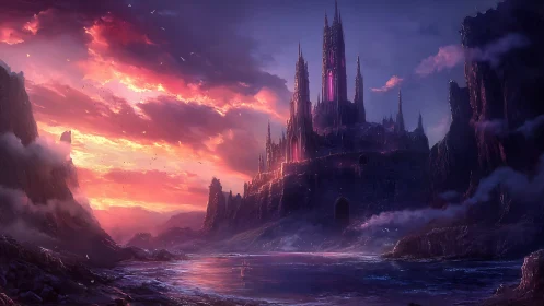 Fortified gothic citadel under irradiated twilight sky.