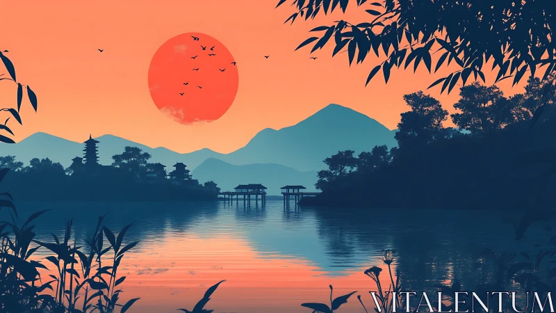 Sunset lake with pagoda silhouettes and distant mountains.