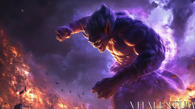 Demonic titan unleashes purple fury above a burning world.
