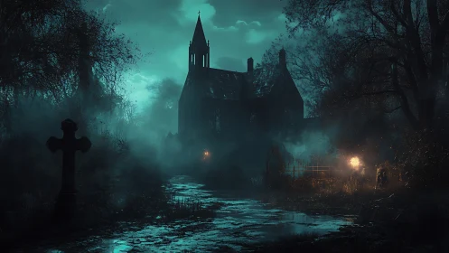 Foggy night church in eerie graveyard landscape scene.