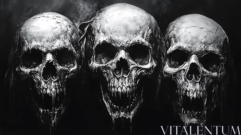 Three eroded human skulls are rendered in monochrome alignment