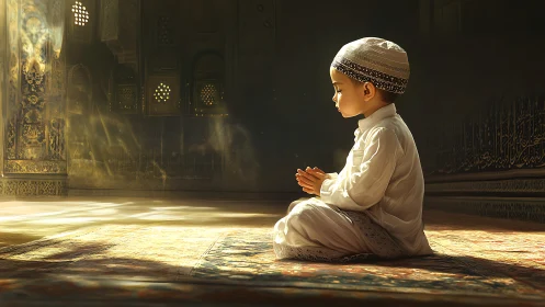 Child seated in prayer posture within ornate interior space.