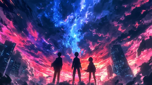 Silhouetted figures stand beneath a multicolored urban sky