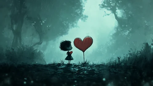 Child with Heart Balloon in Rainy Enchanted Forest