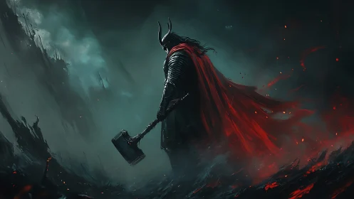 Armored warrior with hammer in red cloak on ruined field.