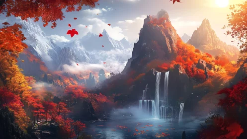 Fantasy valley landscape shows waterfalls and autumn mountains