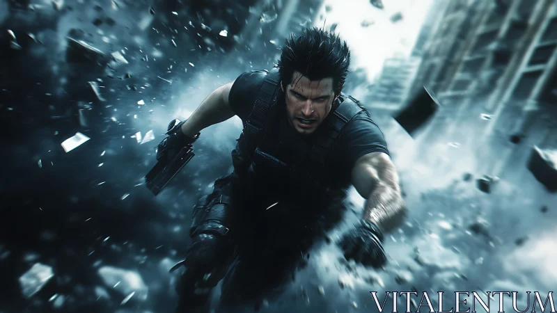 Cyber soldier sprints through collapsing urban battlefield.