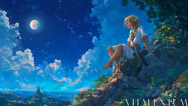 Luminous moonlit cliffside dreamer under expansive starfield