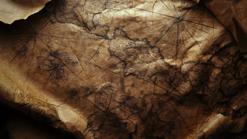 Weathered nautical chart on aged, creased parchment surface.