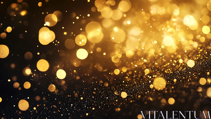 Golden bokeh lights on dark background, festive abstract style.