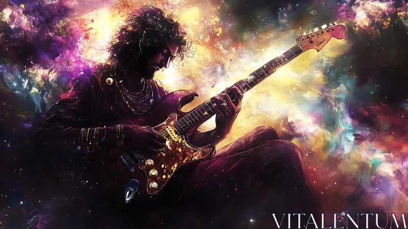 Cosmic guitarist sits in glowing nebula of swirling light.