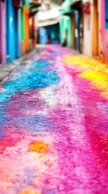 Color-soaked alleyway glows with vibrant festival pigments.