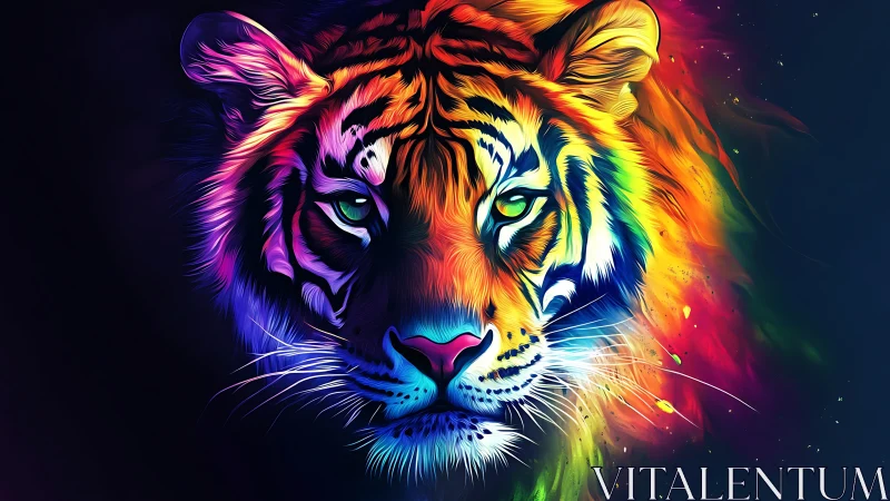 Tiger face rendered in saturated multicolor digital painting