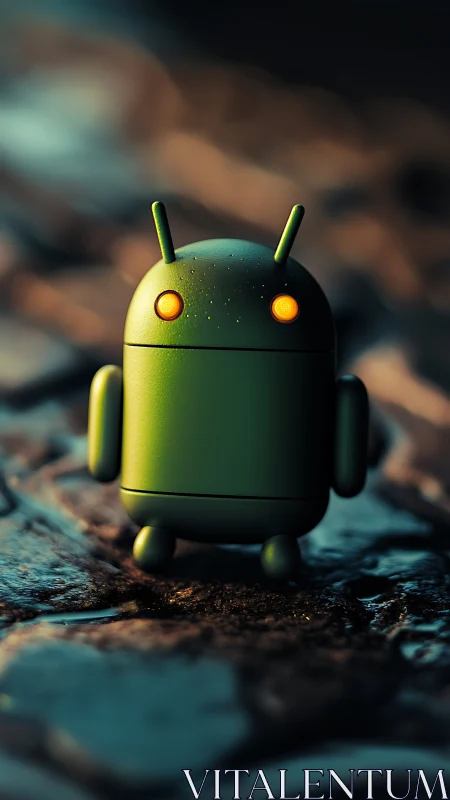 Glow-eyed alley android strolls through wet cobblestone dusk.