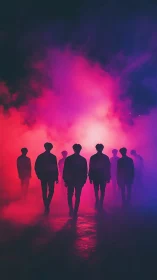 Silhouetted figures stride through neon fog in cinematic glare