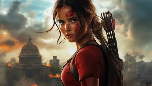 Battle-scarred archer girl stalks a burning broken city.