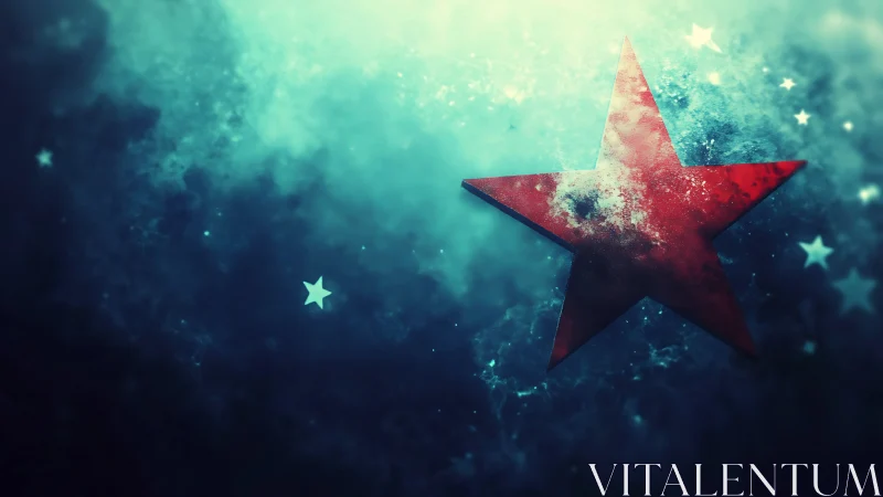 Textured red star over teal cosmic nebula with depth field