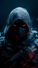 Cyberpunk hooded operative with red-lit tactical armor profile.