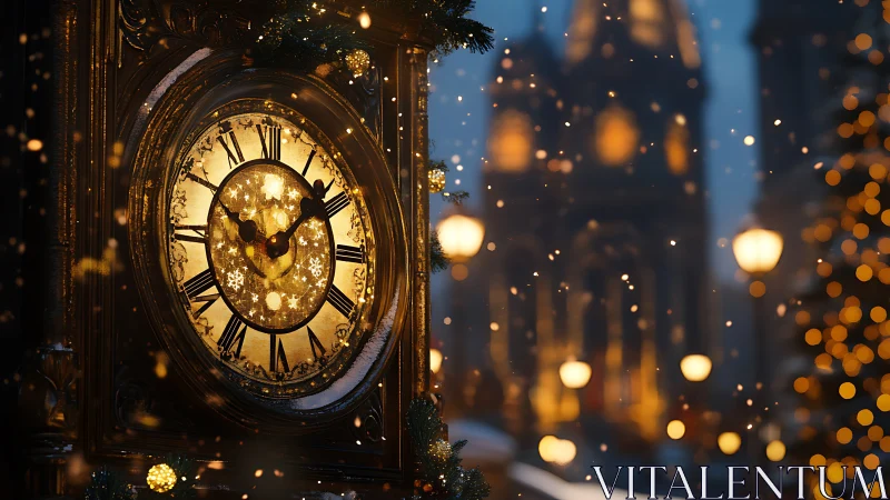Illuminated street clock in winter city square at dusk.