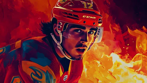 Digital portrait of ice hockey player against stylized flame background