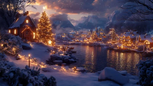 Snowy lakeside Christmas village glowing with warm lights.