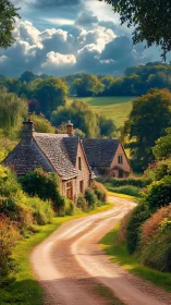 Country lane curves past stone cottages under stormy clouds