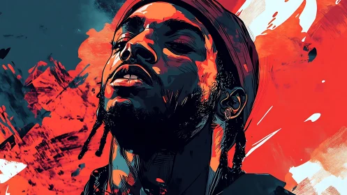 Digital portrait depicts man with stylized red and teal background