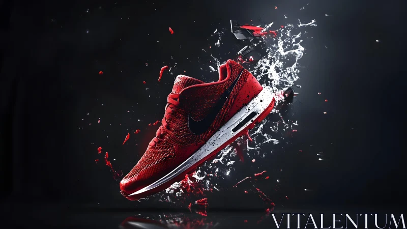 Dynamic red sneaker exploding with energy in digital art style.