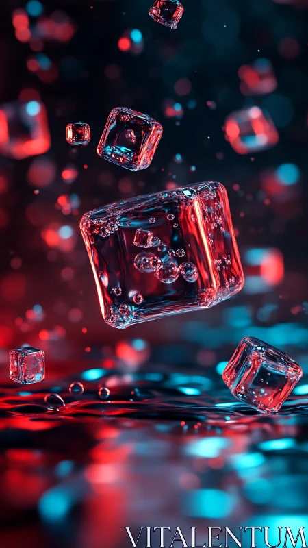 Glowing ice cubes drift in neon light over liquid surface