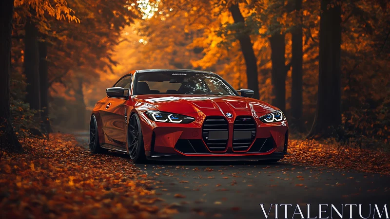 Red performance coupe is positioned on a forest road
