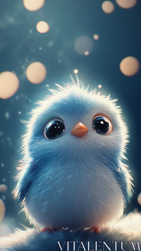 Softly lit blue chick rendered with cinematic depth of field