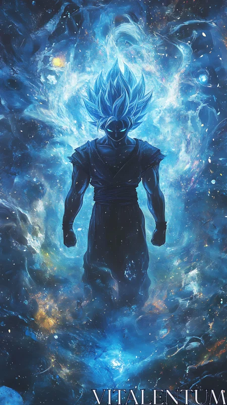 Cosmic warrior emerges in blazing blue celestial aura.