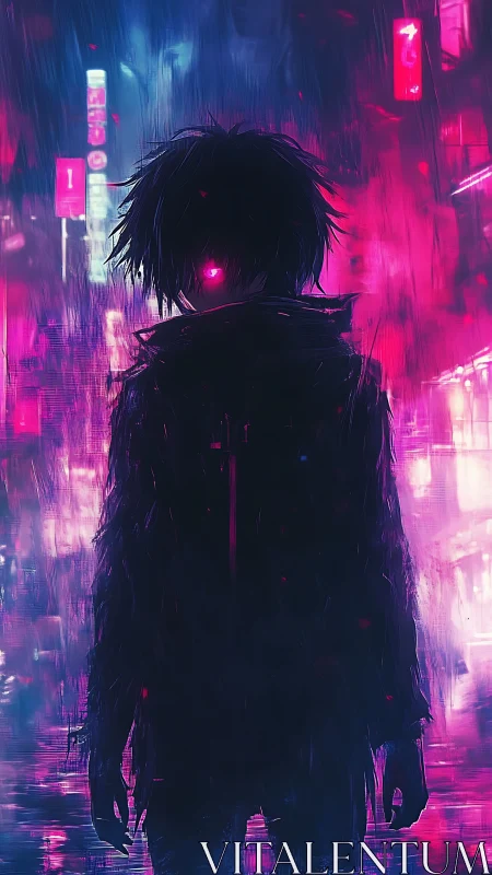 Neon-eyed wanderer stalks rain-slick cyberpunk backstreets.