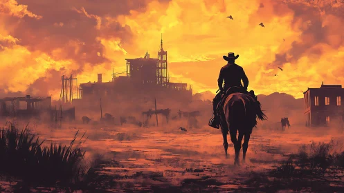 Lone rider stitches twilight embers across a ruined frontier