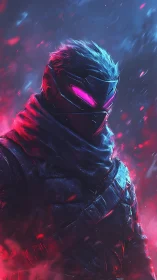 Armored cybernetic warrior in neon pink and blue glow.