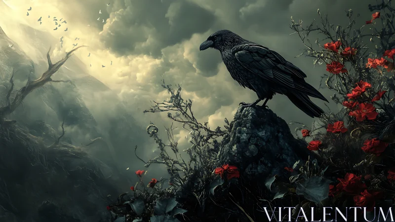 Stormlit raven rests above red flowers in a wild valley