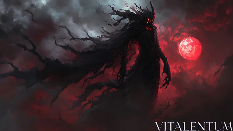 Shadow wraith looming under blood red moon in storm clouds.