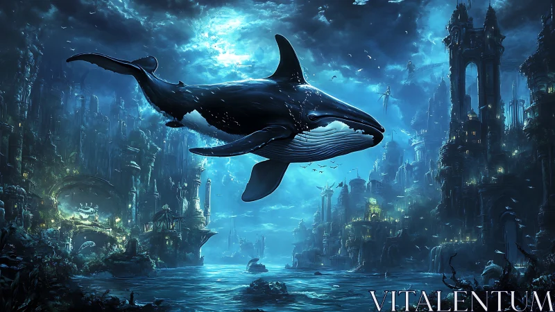 Giant whale over flooded futuristic ruins at night.