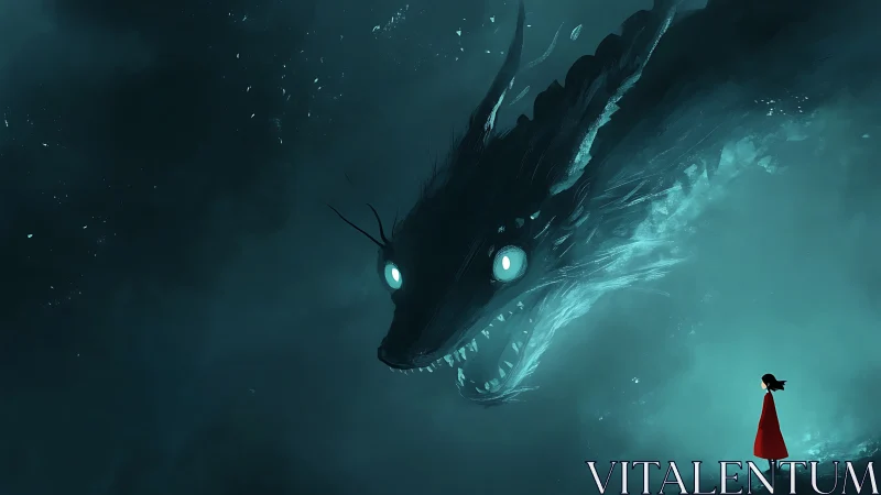 Girl in red coat stands before large luminous sea dragon