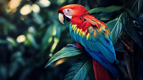 Vibrant Scarlet Macaw Perched on Lush Jungle Foliage, Photorealistic.