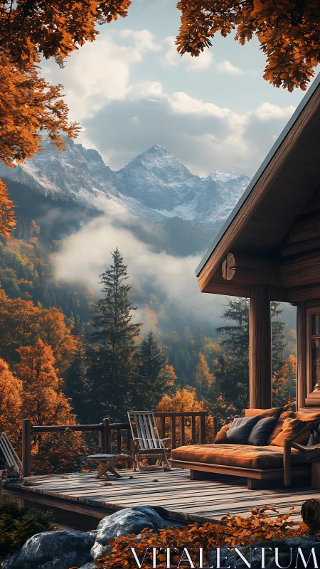 Wooden deck and cabin amid autumn forest and mountains.